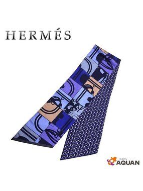 Hermes Maxi Twilly Cut en Desordre Multico Order Summer Blue Tie Scarf Silk